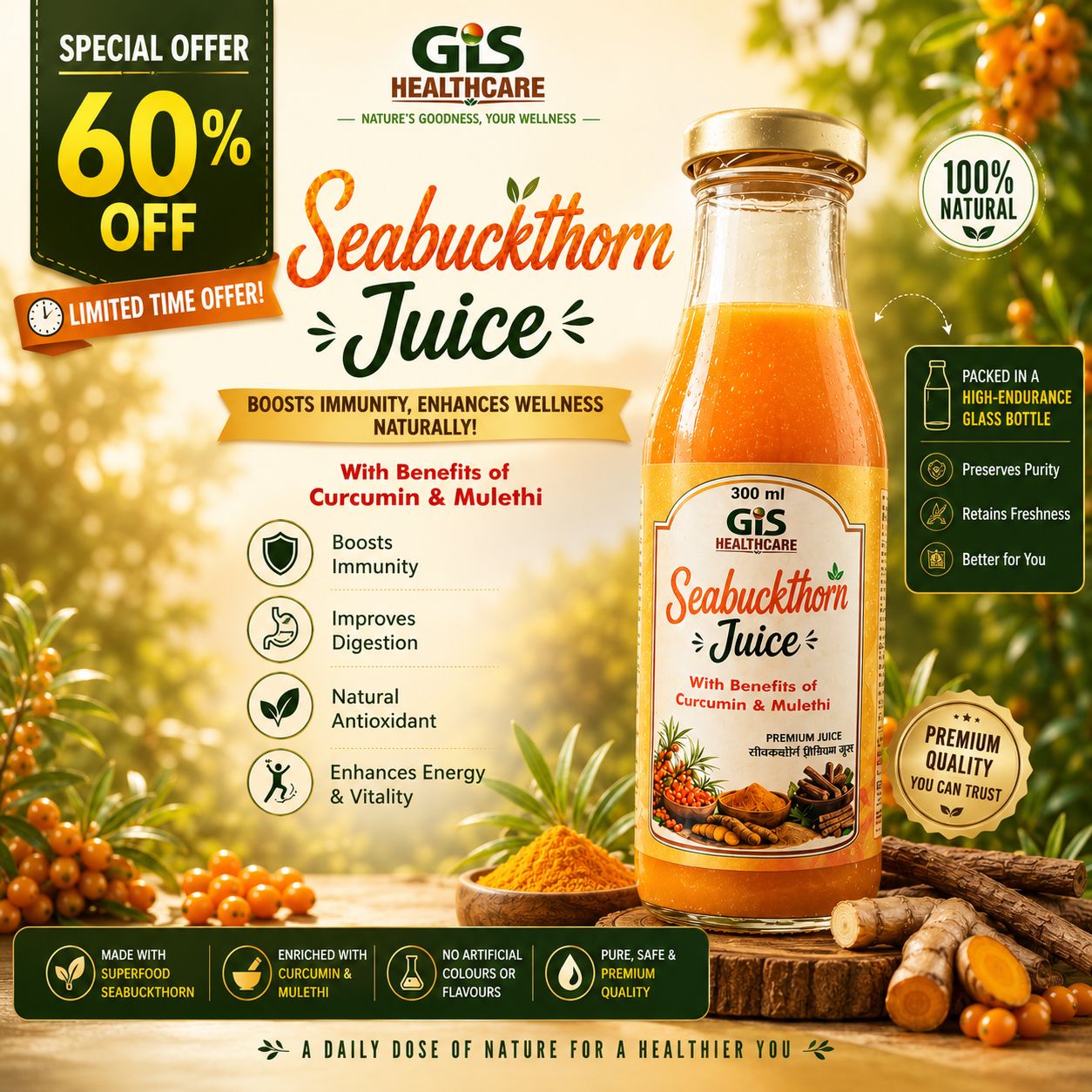 Premium Sea Buckthorn Juice - in Glass bottle